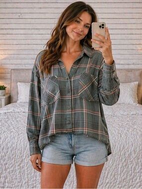 2/$30 Maurices Distressed Plaid Long Sleeve Button Up Lightweight Shirt Top 1